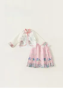 Detailed view of Chinese style kids outfit with floral embroidery and pink pleated skirt