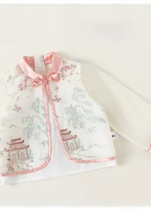 Detailed embroidery of landscapes and butterflies on children's traditional Chinese top