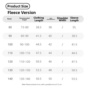 Size chart for children's hooded padded coat with detailed measurements from 80 to 140
