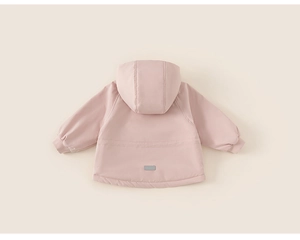Rear view of a pink hooded winter jacket for girls with ribbed cuffs and back logo detail