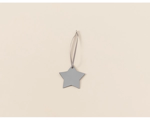 Detail of grey star-shaped pendant with textured cross-pattern fabric and matching lanyard