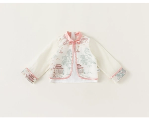 Detail of traditional Chinese style girl's vest with butterfly knots and landscape prints