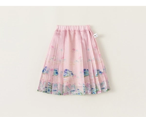Detail of girls' pleated skirt featuring traditional Chinese landscape prints and elastic waistband
