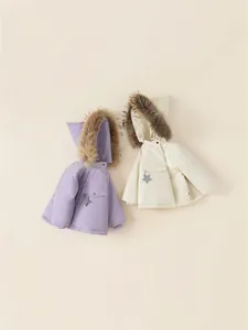Girls Winter Warm Thickened Padded Coat With Faux Fur Collar Witch Pointed Hood Star Pendant Kids Parka Outerwear Jacket