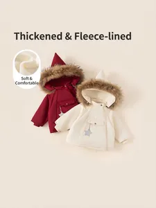 Thick hooded winter coats for kids with star charms and faux fur collar in burgundy and beige
