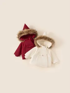 Thick winter hooded jacket for kids with pointed fairy hood and faux fur trim in burgundy