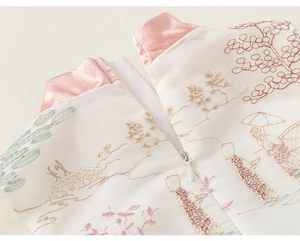 Close-up of traditional Chinese embroidery and invisible zipper on girl's hanfu top