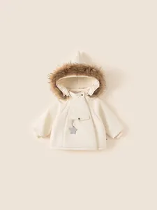 Thick cream children's winter hooded coat with brown faux fur trim and star pendant