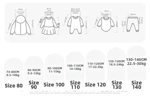 Size guide for boys cargo trousers with measurements for height and weight from 73cm to 140cm