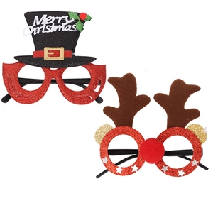 Detalle de monturas de gafas de Navidad con purpurina, astas de reno y un sombrerito