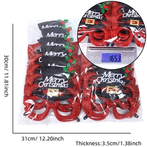 Christmas party glasses with red sequins, merry christmas hat, and product dimensions