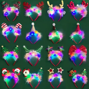 LED Christmas Headband Glowing Reindeer Antler Santa Claus Star Headpiece With Feathers Festive Party Decoration Gift For Adults Kids