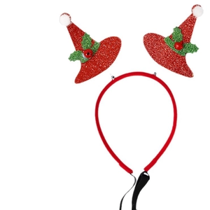 Adjustable Christmas pet headband with red sequin mini hats and festive holly berry decor