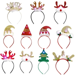 LED Christmas headbands set featuring shiny reindeer antlers and Santa hats in multiple styles