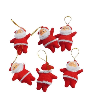 Detail of six red flocked Santa Claus ornaments with gold strings for Christmas tree decor