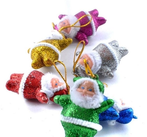 Close-up of glittery mini Santa Claus ornaments in multiple colors for Christmas tree decor