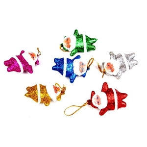 Close-up of colorful glitter Santa Claus ornaments in a six-piece set for Christmas tree
