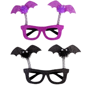Halloween bat glasses with glitter wings and pompom eyes in black and purple colors
