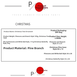 Detailed specifications for mini Christmas tree ornaments with pine needles and cones