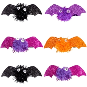 Set of 6 glittery Halloween bat hair clips with pom-poms in black, purple and orange colors