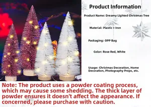 Détail de mini sapins de Noël LED avec finition givrée rose et socle en bois