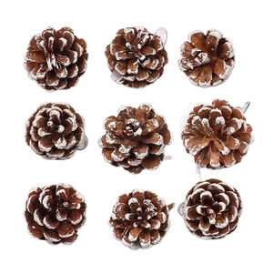 Set of 9 white snow-dusted natural pine cones with silver hanging loops for Christmas tree