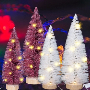 Lot de 4 mini sapins de Noël LED avec paillettes et socle en bois pour décoration table
