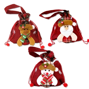 Three-piece Christmas drawstring gift bags with 3D Santa, Snowman and Reindeer plush designs