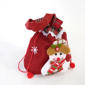 Christmas drawstring gift bag with a 3D snowman doll on red burlap fabric with handle