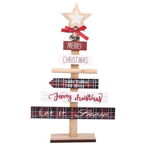 Creative rustic wooden Christmas tree table decor with stars, bells and festive text