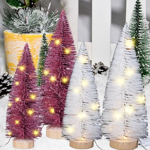 Détails de mini sapins de Noël en sisal avec paillettes violettes et lumières LED