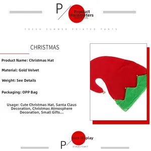 Vue détaillée du bonnet de Noël en velours rouge et vert avec grelot et sachet OPP