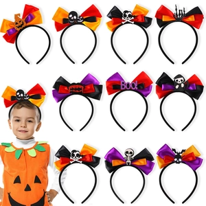 Halloween bow headband set featuring pumpkin skull and ghost motifs for party costume decor