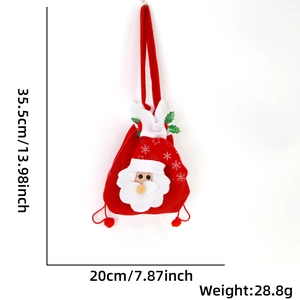 Detail view of red velvet Christmas drawstring gift bag with Santa Claus and size specs