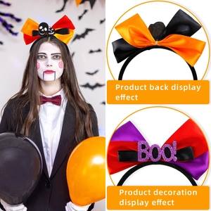 Detail of Halloween headbands with colorful bows, skull motifs and sparkly Boo lettering