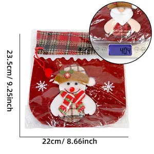 Christmas snowman drawstring gift bag with red plaid and burlap fabric 23.5cm size