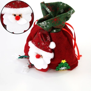 Festive red felt Christmas gift bag with Santa Claus 3D doll and green drawstring