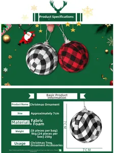 Detail of 7cm red and black plaid Christmas baubles made of fabric and foam for tree decor