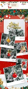 Detail of Christmas tree ornaments including golden bells, mini drums and red gift boxes