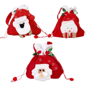 Three-piece Christmas drawstring gift bags featuring Santa, snowman, and polar bear motifs