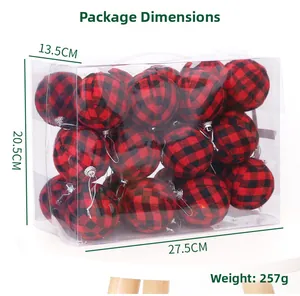 Detail of red and black buffalo plaid Christmas balls in a clear box with silver strings