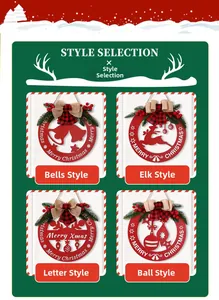 Detail of wooden Merry Christmas signs with pine needles and red berry accents