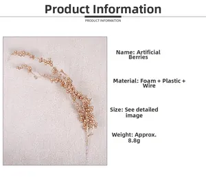 Detail view of champagne gold artificial berry branch with technical specifications