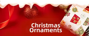 Detailed view of red Christmas gift tags and gold ornaments with festive ribbons