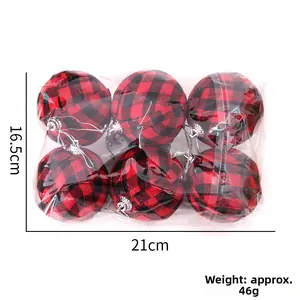 Set of 6 red and black plaid Christmas baubles with silver hanging loops in 21x16.5cm pack