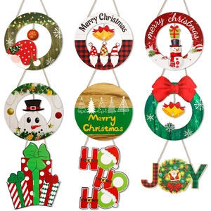 Christmas Wooden Hanging Sign Santa Claus Snowman Round Door Plate For Xmas Party Wall Home Decor Festive Ornament