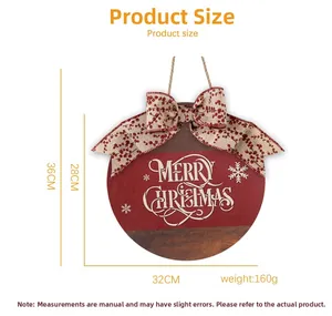 Detail of round wooden Christmas door sign with Merry Christmas text and beige bow