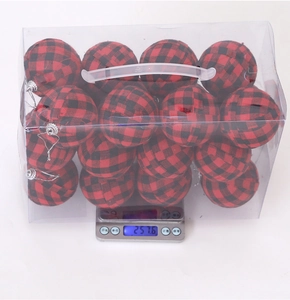 Detailed view of red and black plaid Christmas ornament set showing 257.6g box weight