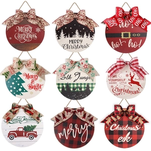 Christmas Wooden Door Sign Round Hanging Board With Bowknot For Holiday Party Home Window Decor Merry Christmas Sign