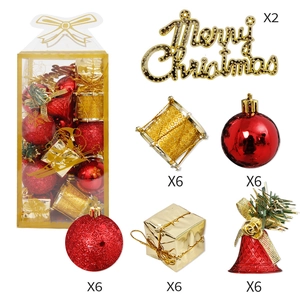 32-piece Christmas tree ornament set featuring red and gold bells, balls, and gift boxes
